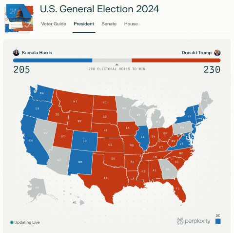 Update Pilpres AS 2024: Harris Mendekat, Trump Masih Memimpin dengan 230 Electoral Votes