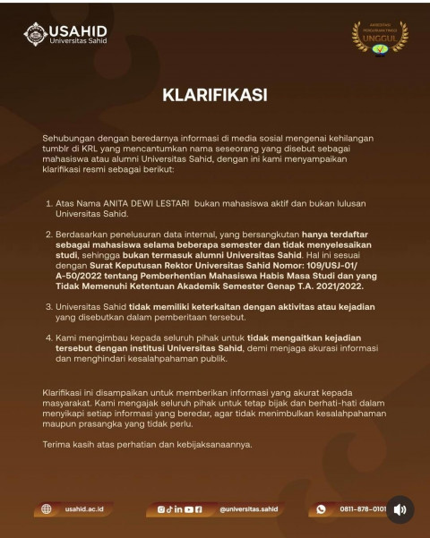 Viral Tumbler Hilang, Usahid: Anita Bukan Mahasiswa Aktif dan Sudah DO