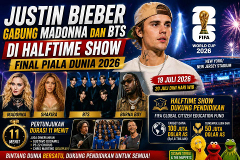 Justin Bieber Gabung Madonna dan BTS di Halftime Show 11 Menit Final Piala Dunia 2026