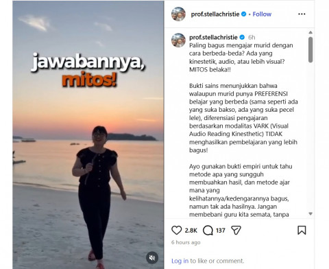 Gaya Belajar Visual, Audio, Kinestetik Tak Terbukti Secara Sains, Wamen Stella: Mitos