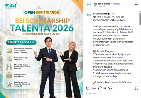 Beasiswa BSI Talenta 2026 Dibuka, Mahasiswa Semester 7 Merapat!