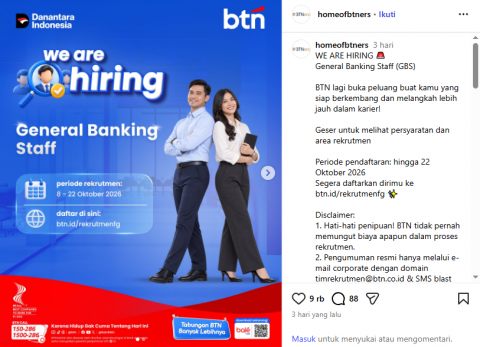 Bank BTN Buka Rekrutmen GBS 2026, Cek Syarat dan Cara Daftarnya!