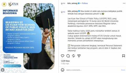 PNS Merapat! Kesempatan Kuliah S2 Gratis di LKYSPP NUS Singapura, Cek Syaratnya