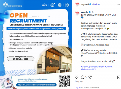 UISI Buka Lowongan Kerja Staf LPMPK 2026, Lulusan S1 Sistem Informasi Bisa Daftar!