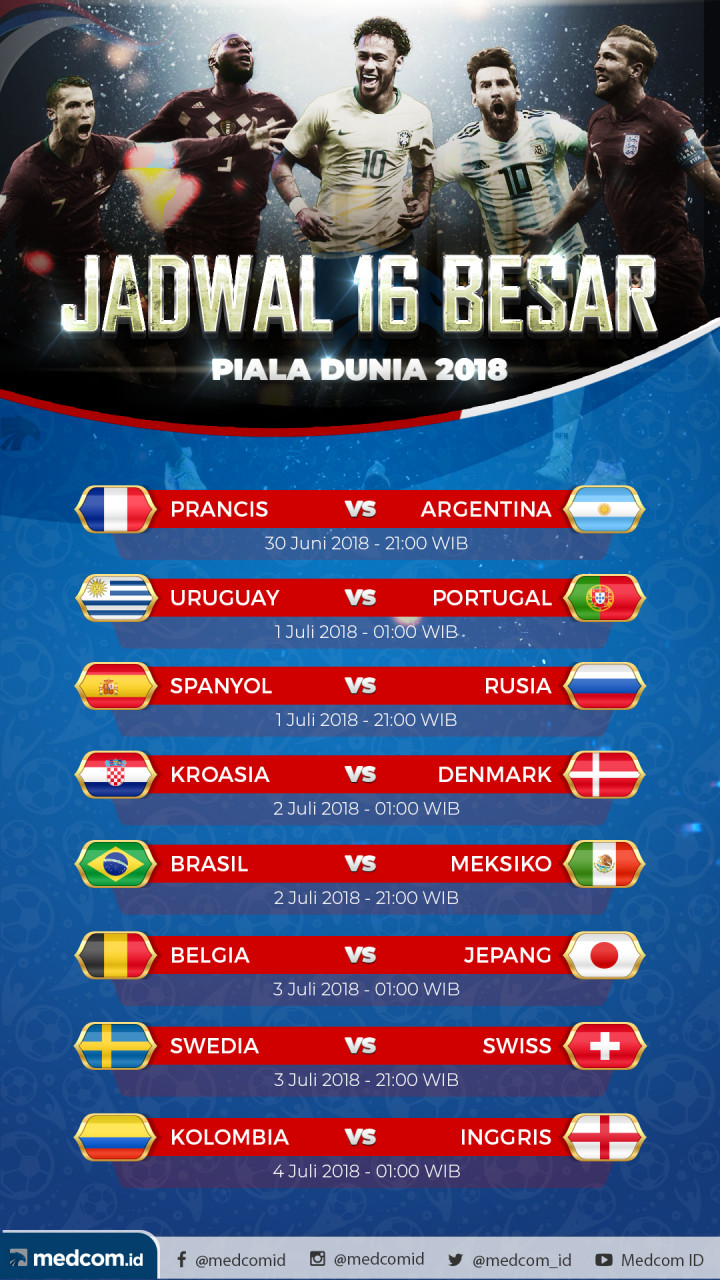 Jadwal Pertandingan 16 Besar Piala Dunia 2018