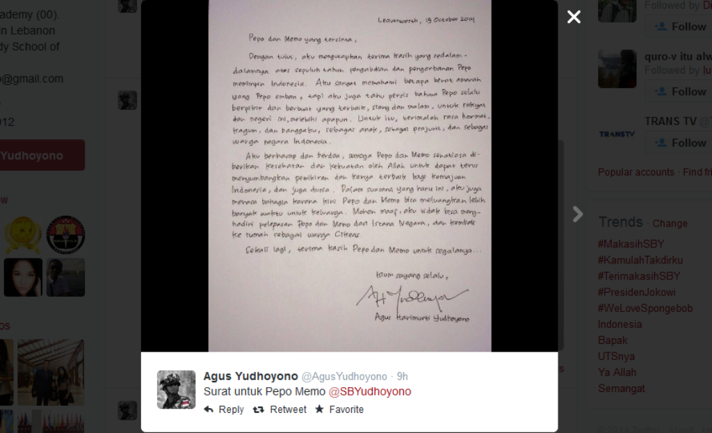 Surat Agus Harimurti Yudhyono yang diunggah di Twitter