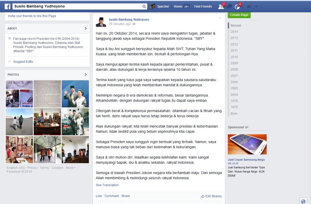 Pesan yang ditulis SBY di akun Facebook-nya. Facebook/Dok