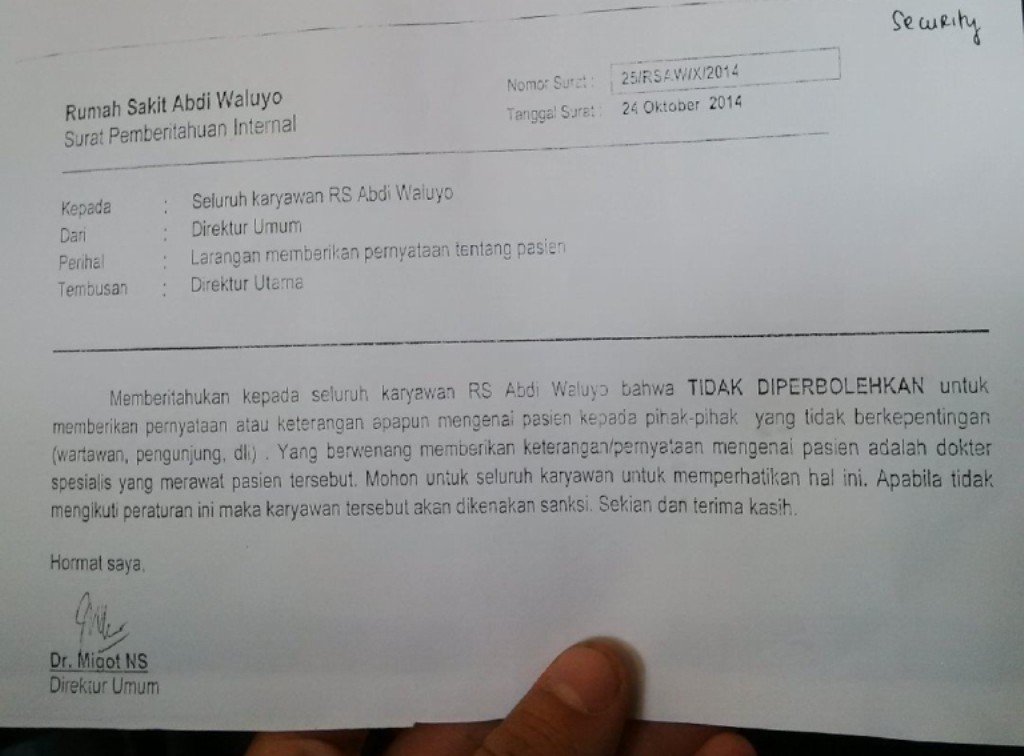 RS Abdi Waluyo melarang karyawannya memberi keterangan soal kematian Gayatri Wailissa. -- Deny Irwanto