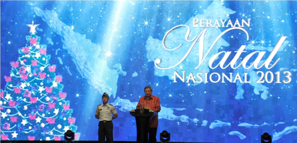 Mantan Presiden Susilo Bambang Yudhoyono menyampaikan pidato pada acara Puncak Perayaan Natal Nasional 2013 di JCC Senayan, Jakarta, Jumat (27/12/2014). ANT/Andika Wahyu