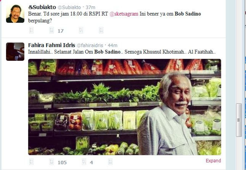 Ucapan bela sungkawa untuk Bob Sadino di Twitter