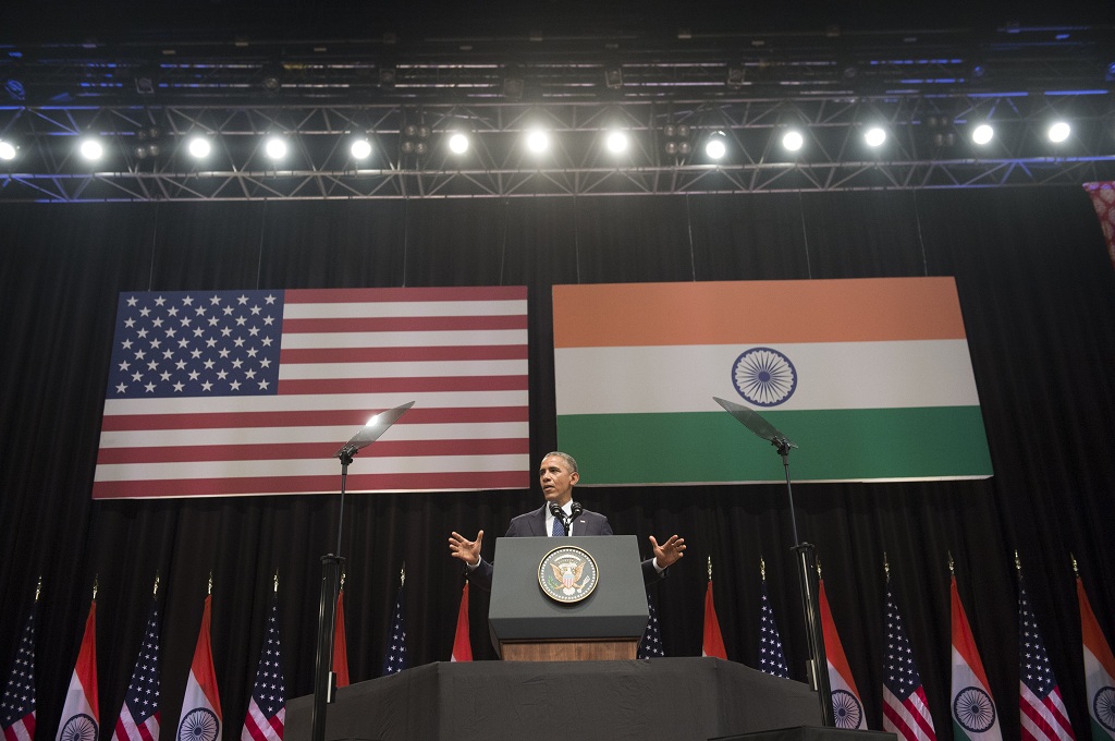 Presiden AS Barack Obama dalam pidato di New Delhi, India, Selasa (27/1/2015) - AFP / SAUL LOEB