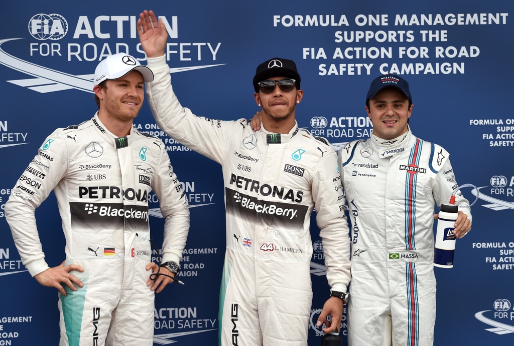 (kiri-kanan) Nico Rosberg, Lewis Hamilton, Felipe Massa (WILLIAM WEST / AFP)