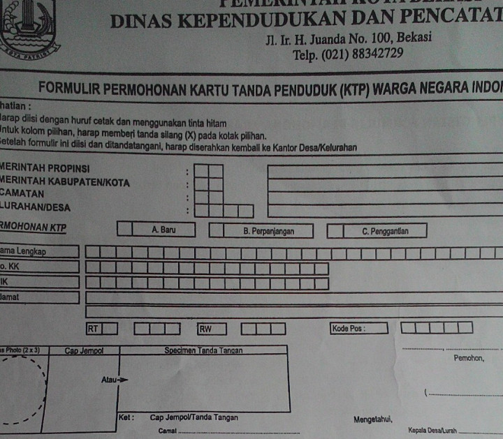 Kolom Agama Tak Ada di Formulir Pembuatan KTP Bekasi