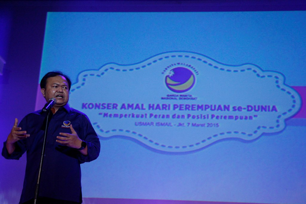 Sekjen Partai NasDem Patrice Rio Capela memberikan sambutannya pada acara Konser Amal Hari Perempuan Sedunia di Gedung Film Usmar Ismail, Jakarta, Sabtu (7/3). Foto: MI/Rommy Pujianto.