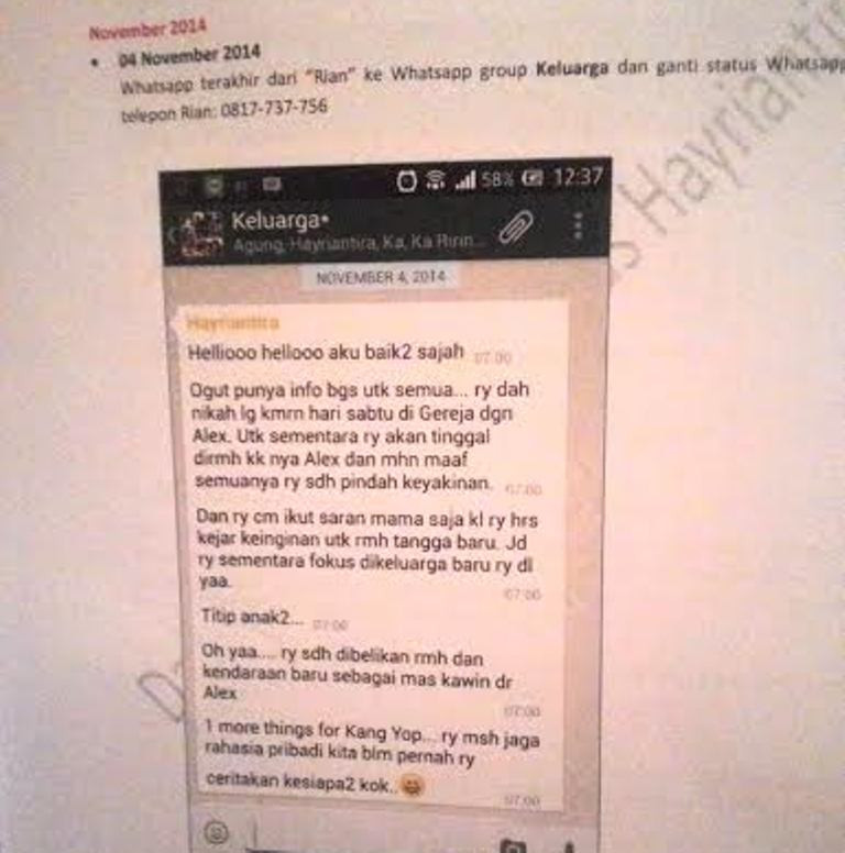Bukti pesan lewat whatsapp yang dikirim Rian usai ia dibunuh - foto: Arga Sumantri 