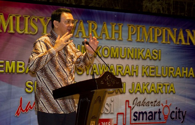 Gubernur DKI Jakarta Basuki T. Purnama menyampaikan pidato pembukaan pada musyawarah pimpinan di Balai Kota. (Foto:Antara/Vitalis Yogi)