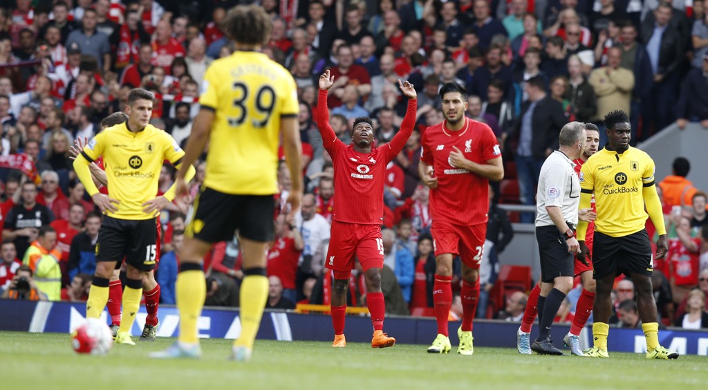 Striker Liverpool Daniel merayakan golnya ke gawang Aston Villa. (Peter Byrne/PA via AP)