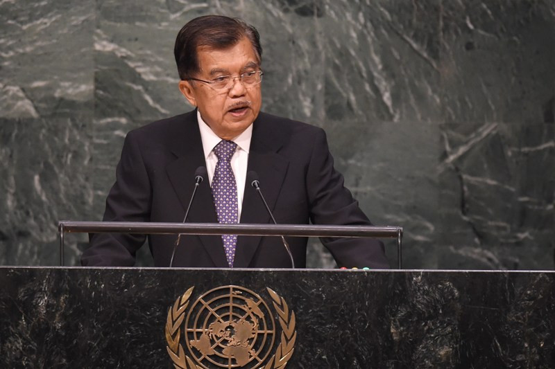 Wakil Presiden Jusuf Kalla menyampaikan pidato di Markas PBB, New York -- AFP