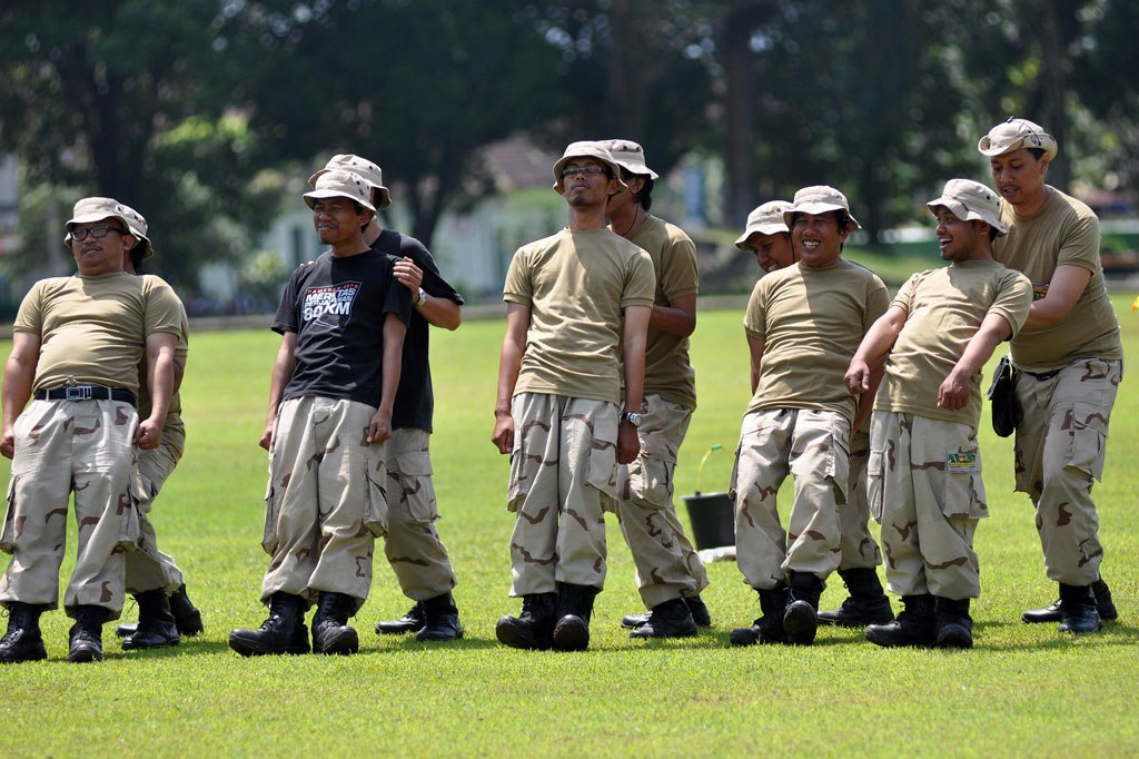 Sejumlah wartawan mengikuti latihan bela negara di Jawa Tengah. Foto: Antara/Anis