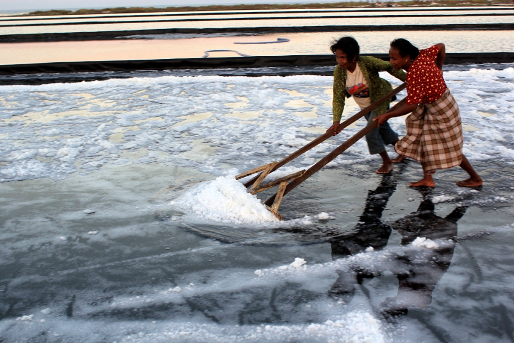 Pekerja mengumpulkan kristal-kristal garam di tambak garam Kampung Lobo Bali, Desa Bodae, desa pesisir di Pulau Sabu, Nusa Tenggara Timur. Foto: MI/Palce Amalo