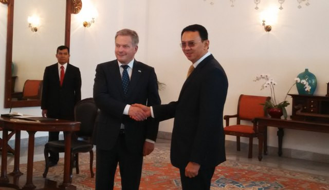 Gubernur Provinsi DKI Jakarta Basuki Tjahaja Purnama dan Presiden Finlandia Sauli Vainamo Ninisto. (Foto:MTVN/Lb Ciputri Hutabarat) ciput