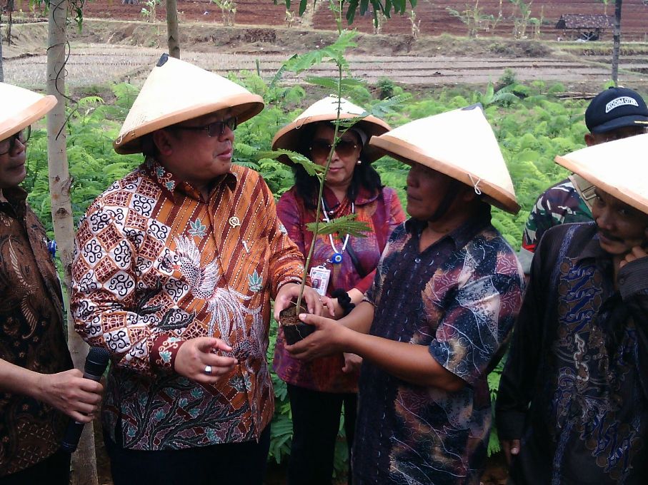 Menteri Keuangan memberikan bibit sengon ke perwakilan Gabungan Kelompok Tani (Gapoktan). (Metrotvnews.com/Pythag Kurniati)