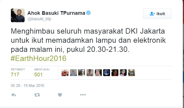 #EarthHour2016 jadi Trending Topic Dunia