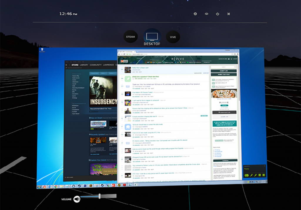 Cuplikan tampilan Desktop Theatre Mode di SteamVR