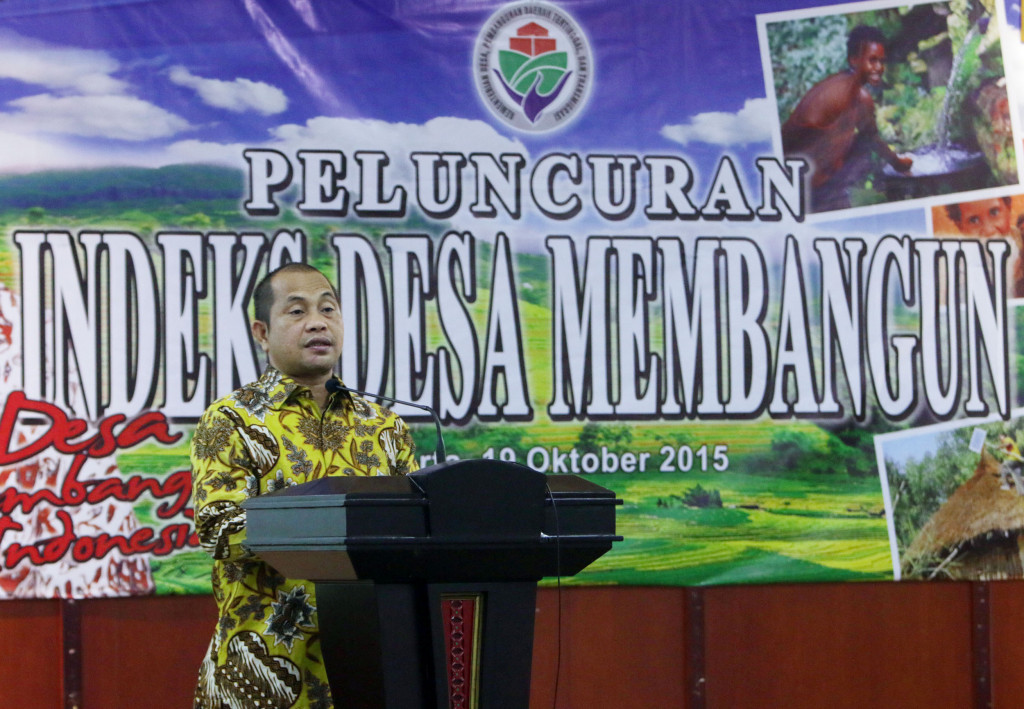 Menteri Desa, PDT, dan Transmigrasi Marwan Jafar berbicara pada peluncuran Indeks Desa Membangun di kantor Kementrian Desa PDT dan Transmigrasi, Kalibata, Jakarta, Senin (19/10).--Foto: Antara/HO