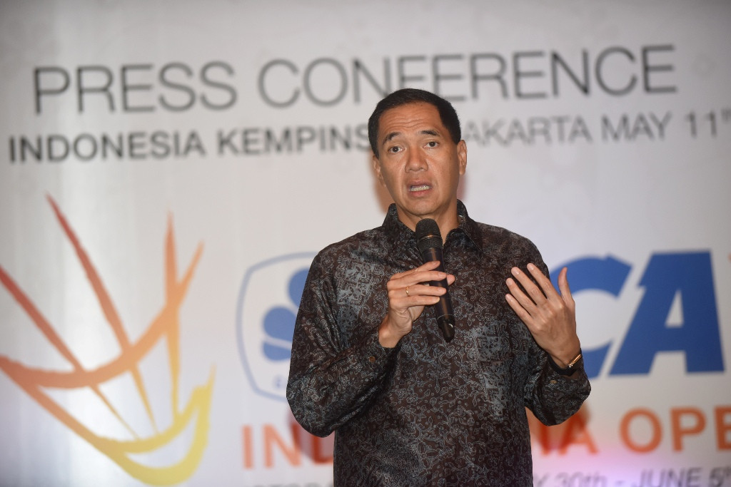 Ketua Umum PBSI Gita Wirjawan saat memberikan pidato di acara konferensi pers jelang BCA Indonesia Open Super Series 2016 (Foto: ANTARA FOTO/Wahyu Putro A)