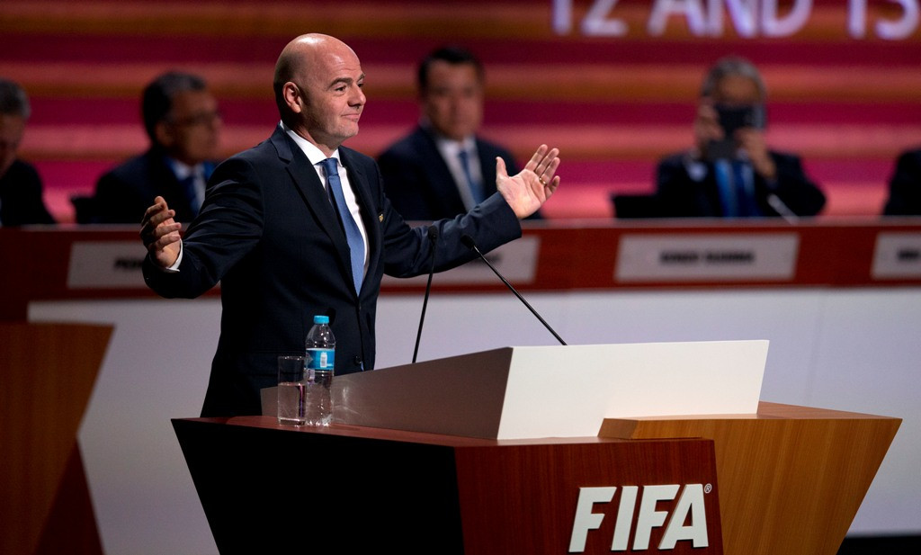 Presiden FIFA Gianni Infantino saat berbicara di Kongres FIFA di Mexico City, Meksiko (Foto: AP Photo/Rebecca Blackwell)