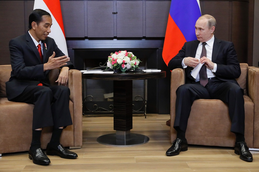 Presiden Joko Widodo (kiri) berbincang-bincang dengan Presiden Rusia Vladimir Putin di Sochi, 18 Mei 2016. (Foto: AFP/ALEXANDER ZEMLIANICHENKO)