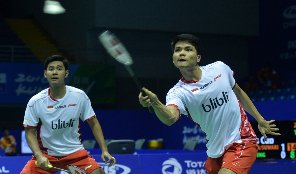 Pasangan ganda putra Indonesia Angga Pratama/Ricky Karanda Suwardi sukses mengantarkan Indonesia melaju ke babak final Piala Thomas 2016 (Foto: Antara/Prasetyo Utomo)