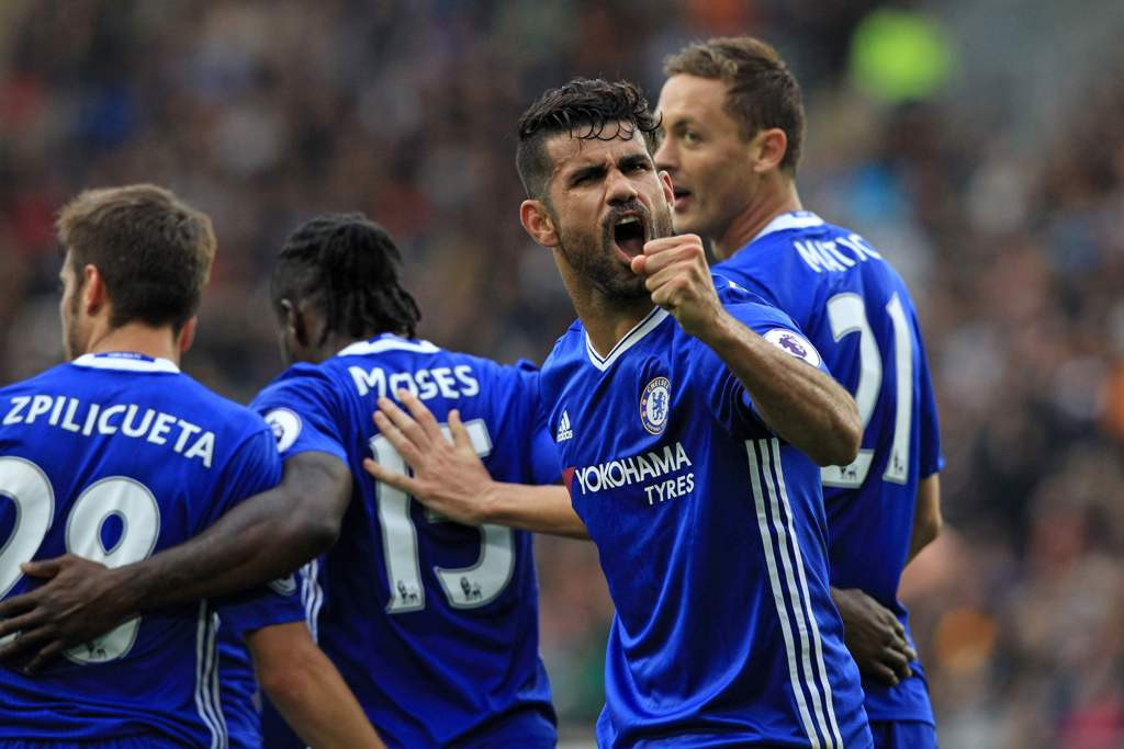 Penggawa Chelsea merayakan kemenangan atas Hull City. (Foto: AFP/Lindsey Parnaby)