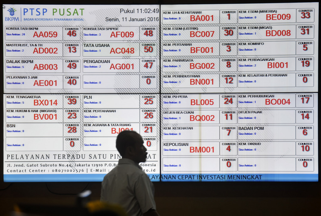 Calon investor melintasi papan pengumuman antrean pengurusan Izin Investasi Tiga Jam di Gedung BKPM. Produk perizinan itu, salah satunya, IMTA. (Ant/Yudhi Mahatma)