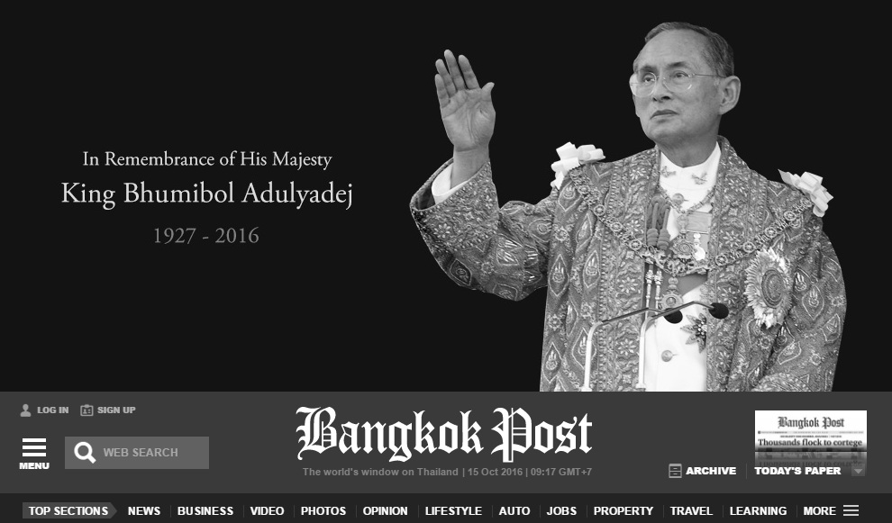 Media online, Bangkok Post berubah warna hitam putih untuk hormati wafatnya raja (Foto: Bangkok Post)