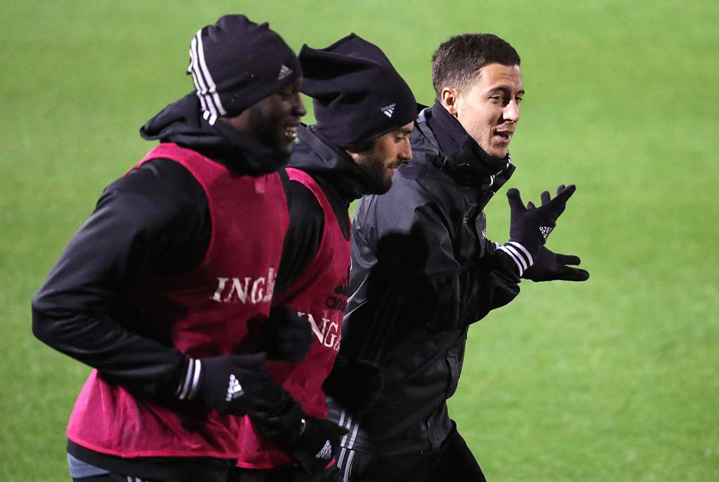 Eden Hazard sedang berlatih bersama timnas Belgia. (AFP PHOTO / BELGA / LAURIE DIEFFEMBACQ)