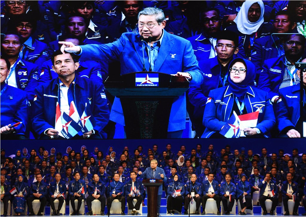 Ketua Umum Partai Demokrat Susilo Bambang Yudhoyono menyampaikan pidato politik pada Dies Natalis 15 Tahun Partai Demokrat dan Pembukaan Rampimnas 2017 di Jakarta, Selasa (7/2). Pidato Politik Susilo Bambang Yudhoyono mengangkat tema Indonesia Untuk Semua