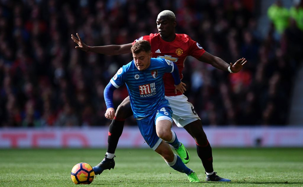 Paul Pogba saat berduel dengan gelandang Bournemouth Ryan Fraser (Depan) (Foto: AFP/Oli Scarff)