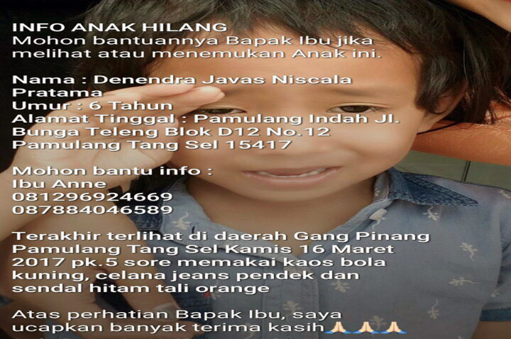 Bocah 6 Tahun Hilang saat Bermain di Gang Pinang