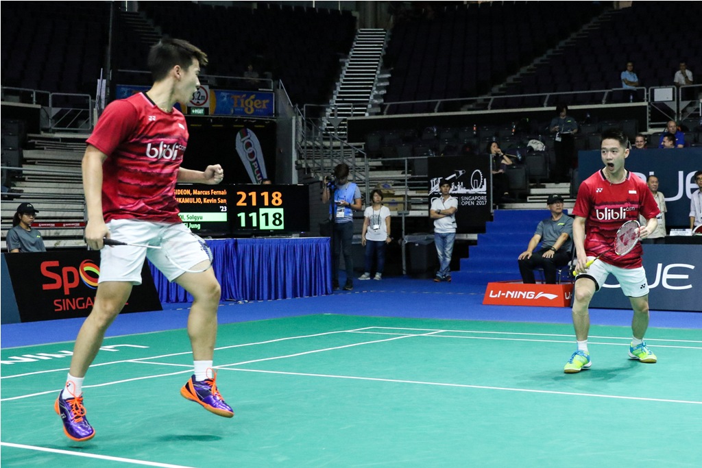 Pasangan ganda putra Indonesia, Marcus Fernaldi Gideon/Kevin Sanjaya Sukamuljo. (Foto: Humas PBSI)