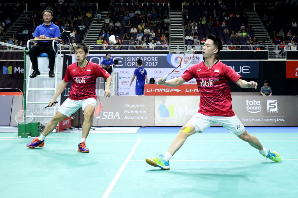 Marcus Fernaldi Gideon/Kevin Sanjaya Sukamuljo harus terhenti di semifinal Singapore Open 2017. (Foto: PBSI)