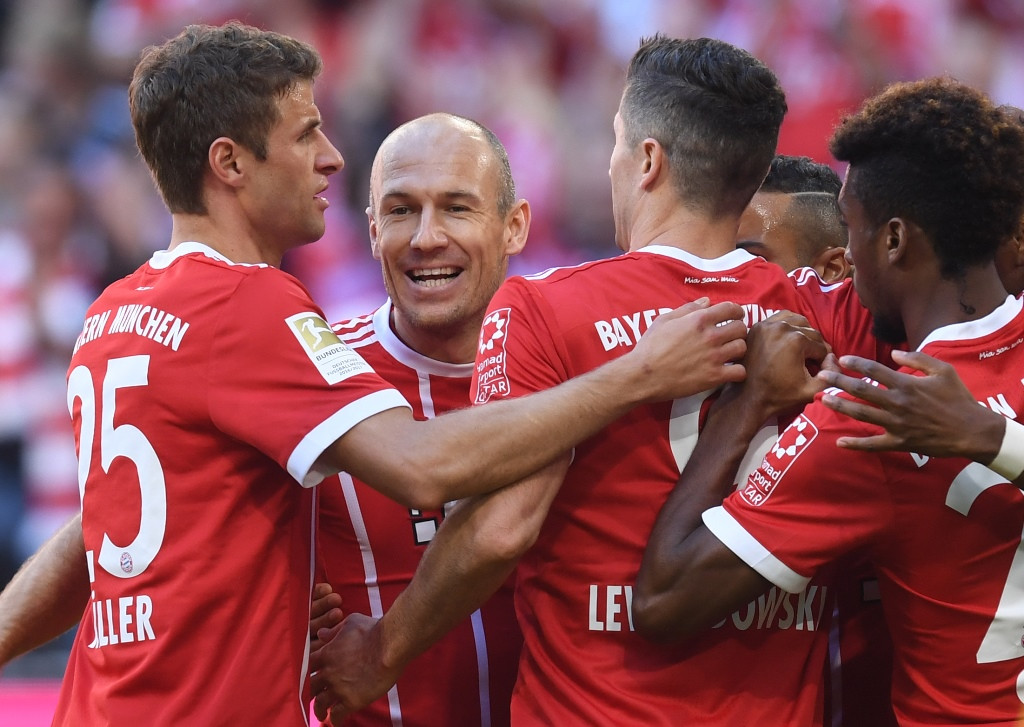 Bayern Muenchen merayakan kemenangan atas Freiburg. (Foto: AFP/Christof Stache)