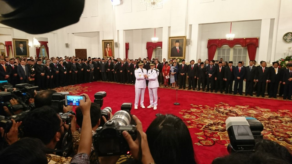 Presiden Joko Widodo melantik Anies-Sandi menjadi gubernur dan wakil gubernur DKI Jakarta, Senin 16 Oktober 2017. Foto-foto: Metrotvnews.com/Yogi Bayu Aji