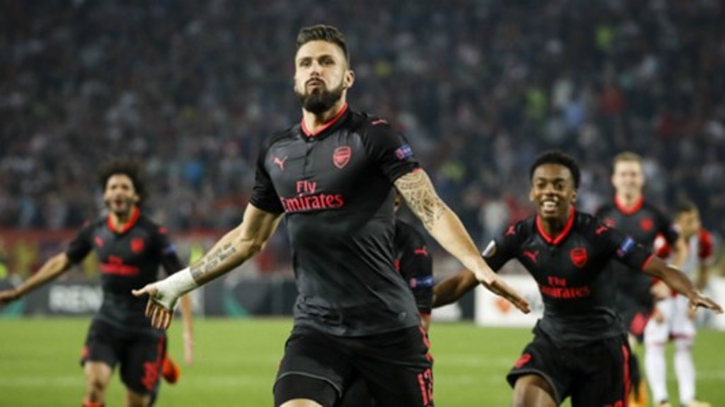 Olivier Giroud merayakan gol kemenangan atas Red Star Belgrade. (Foto: Ist)