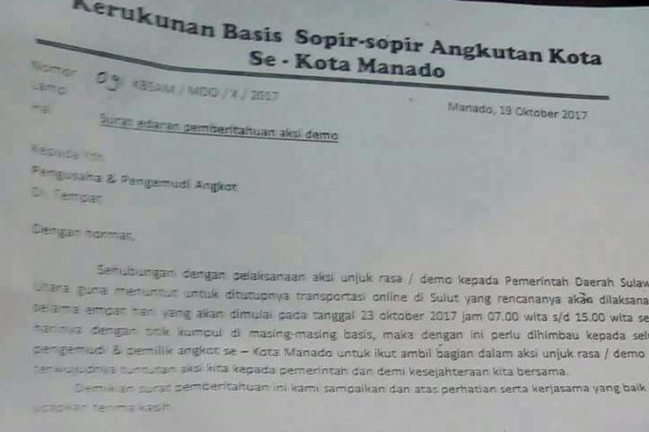 Surat Ajakan Demo Empat Hari ke Sopir Angkot Beredar di Manado