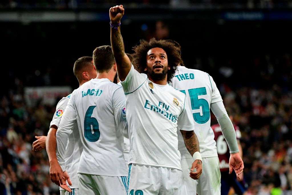 Marcelo mencetak gol terakhir Real Madrid ke gawang Eibar (AFP PHOTO / PIERRE-PHILIPPE MARCOU)