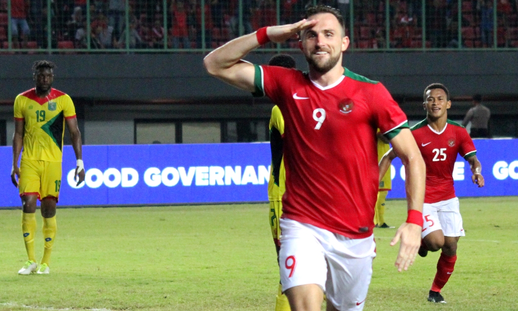 Selebrasi Ilija Spasojevic usai mencetak gol untuk Timnas Indonesia (Foto: Antara/Risky Andrianto)