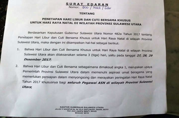 Gubernur Sulut Tetapkan Cuti Bersama ASN 3 Hari