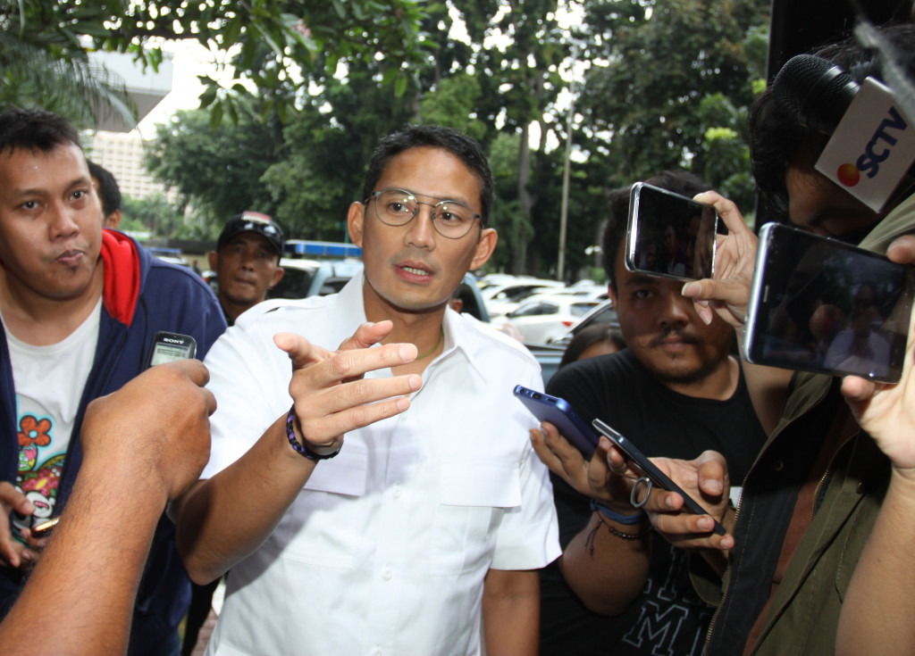 Wakil Gubernur DKI Jakarta Sandiaga Uno menjalani pemeriksaan di Direktorat Reserse Kriminal Umum Polda Metrojaya. Foto: Antara/Reno Esnir.
